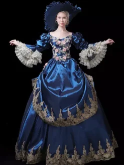 Vintage Womens Victorian Rococo Dress Lace Trim Flared Sleeves Foral Printed Ball Gown Dress