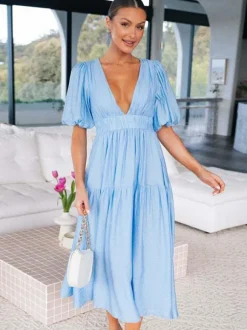V-Neck Summer Dress Short Sleeves Elastic Waist A-Line Maxi Dresses
