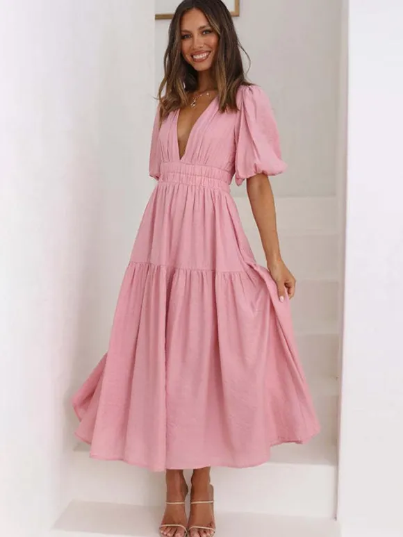 V-Neck Summer Dress Short Sleeves Elastic Waist A-Line Maxi Dresses