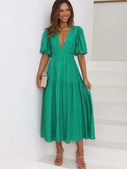 V-Neck Summer Dress Short Sleeves Elastic Waist A-Line Maxi Dresses