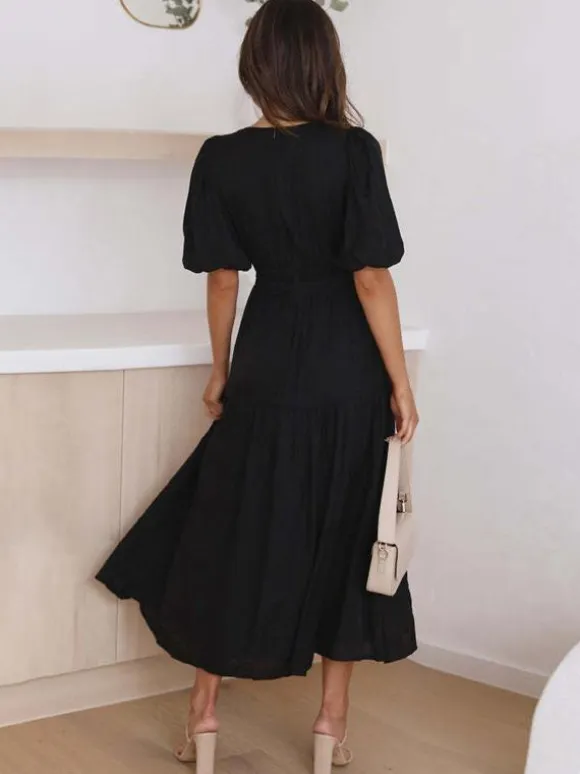 V-Neck Summer Dress Short Sleeves Elastic Waist A-Line Maxi Dresses