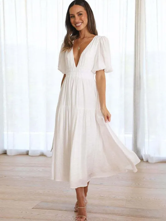 V-Neck Summer Dress Short Sleeves Elastic Waist A-Line Maxi Dresses