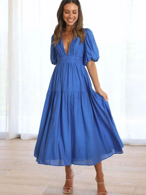 V-Neck Summer Dress Short Sleeves Elastic Waist A-Line Maxi Dresses