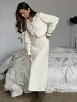 V-Neck Cardigan And Long Skirt Knit 2-Piece Co-ord Set For Women 2026