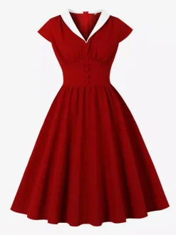 V Neck Contrast Lapel Ruched Retro A-line Swing Dress For Women 2026