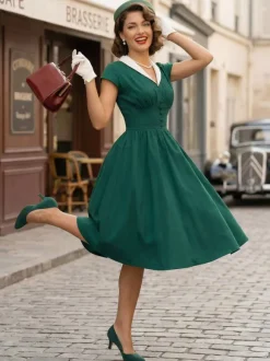 V Neck Contrast Lapel Ruched Retro A-line Swing Dress For Women 2026