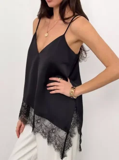 V Neck Satin Lace Asymmetrical Hem Thin Strap Cami Top