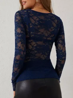 V Neck Scalloped Trim Floral Lace Long Sleeve Slim Fit Top For Women 2026