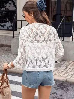 V Neck 3/4 Sleeve Floral Lace Open Front Cardigan Cover Up