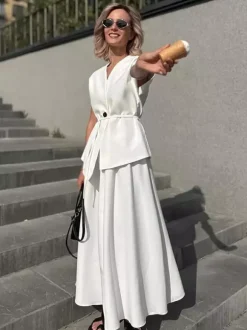 V Neck Wrap Top And High Waist Long Skirt Two Piece Set For Women 2026