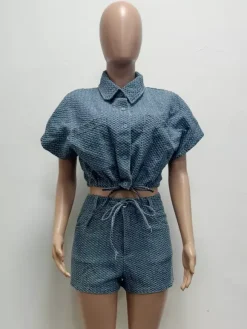 Waffle Denim 2 Piece Set For Women - Blue Short Sleeve Tie Front Crop Top And Shorts Co-ord - Summer Casual Outfits 2026