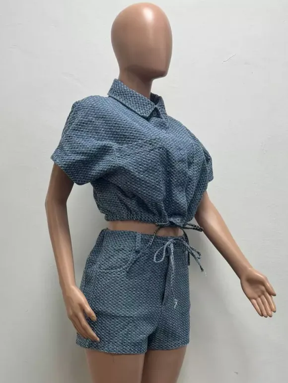 Waffle Denim 2 Piece Set For Women - Blue Short Sleeve Tie Front Crop Top And Shorts Co-ord - Summer Casual Outfits 2026