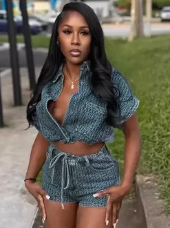Waffle Denim 2 Piece Set For Women - Blue Short Sleeve Tie Front Crop Top And Shorts Co-ord - Summer Casual Outfits 2026
