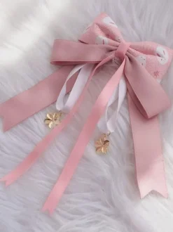 Wa Lolita Headdress Pink Sakura Pattern Bow Linen Cotton Blend Headwear Bows Flowers Lolita Hair Accessories