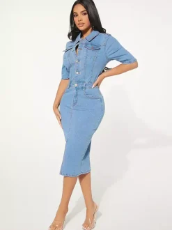 Washed Bodycon Denim Midi Dress For Women - Blue Fitted Button Front Pencil Dress - Spring Casual Streetwear 2026