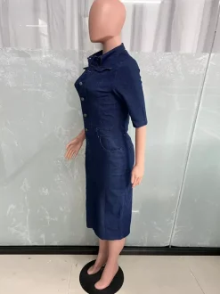 Washed Bodycon Denim Midi Dress For Women - Blue Fitted Button Front Pencil Dress - Spring Casual Streetwear 2026
