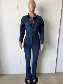 Washed Denim Flare Jumpsuit For Women - Dark Blue Long Sleeve Cotton Bootcut Romper - Spring Streetwear 2026