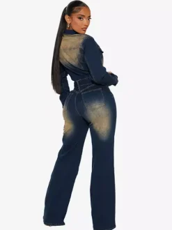Washed Denim Jumpsuit For Women - Dark Blue Vintage Belted Long Sleeve Cargo Romper - Spring Street Fashion 2026