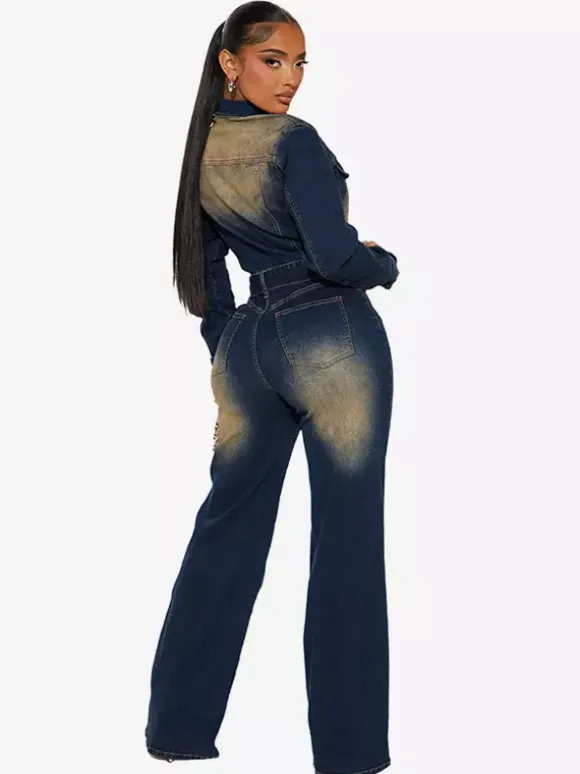 Washed Denim Jumpsuit For Women - Dark Blue Vintage Belted Long Sleeve Cargo Romper - Spring Street Fashion 2026