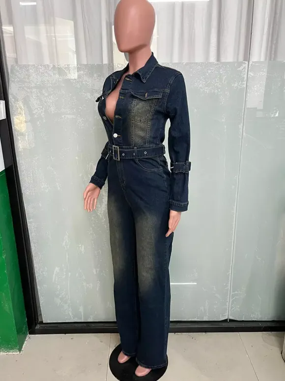 Washed Denim Jumpsuit For Women - Dark Blue Vintage Belted Long Sleeve Cargo Romper - Spring Street Fashion 2026