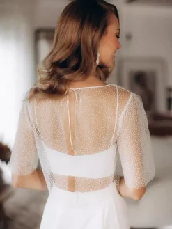 Wedding 3 Piece Pant Suits for Bride Lace Chiffon Illusion Neckline Floor-Length Lace-up Half Sleeves