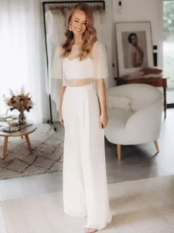 Wedding 3 Piece Pant Suits for Bride Lace Chiffon Illusion Neckline Floor-Length Lace-up Half Sleeves