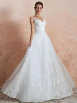 Wedding Dress 2026 A Line V Neck Sleeveless Floor Length Bridal Gowns With Train