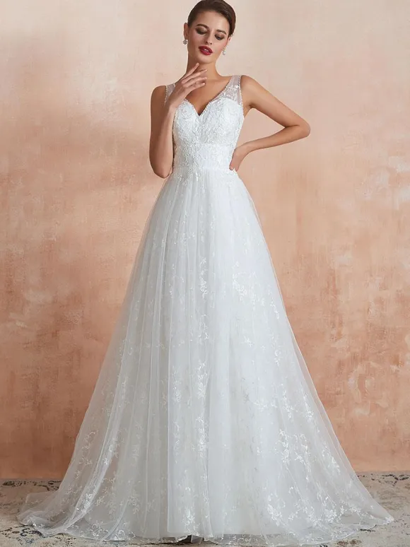Wedding Dress 2026 A Line V Neck Sleeveless Floor Length Bridal Gowns With Train