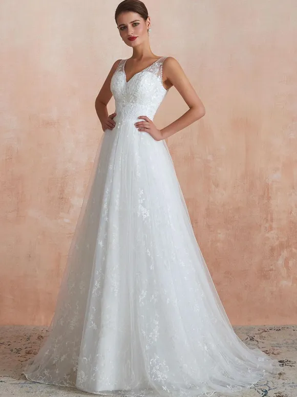 Wedding Dress 2026 A Line V Neck Sleeveless Floor Length Bridal Gowns With Train