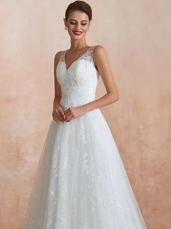 Wedding Dress 2026 A Line V Neck Sleeveless Floor Length Bridal Gowns With Train