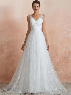 Wedding Dress 2026 A Line V Neck Sleeveless Floor Length Bridal Gowns With Train