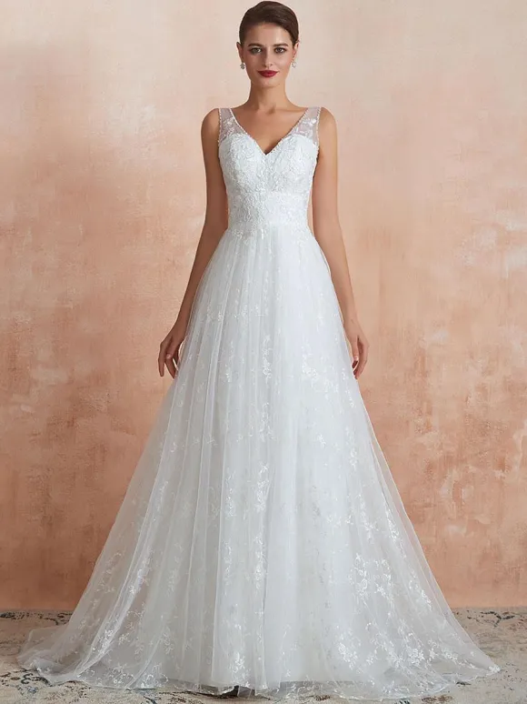Wedding Dress 2026 A Line V Neck Sleeveless Floor Length Bridal Gowns With Train