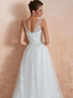 Wedding Dress 2026 A Line V Neck Sleeveless Floor Length Bridal Gowns With Train