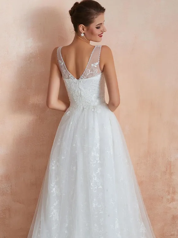 Wedding Dress 2026 A Line V Neck Sleeveless Floor Length Bridal Gowns With Train