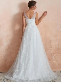 Wedding Dress 2026 A Line V Neck Sleeveless Floor Length Bridal Gowns With Train