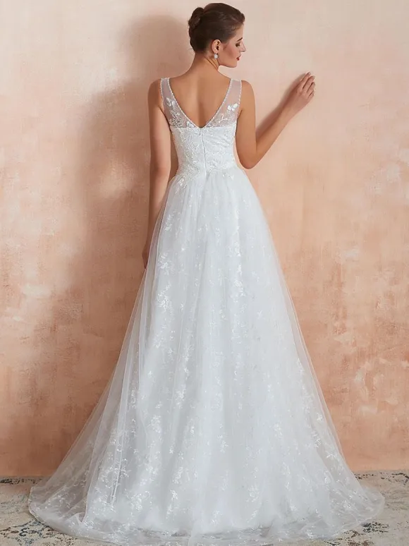 Wedding Dress 2026 A Line V Neck Sleeveless Floor Length Bridal Gowns With Train