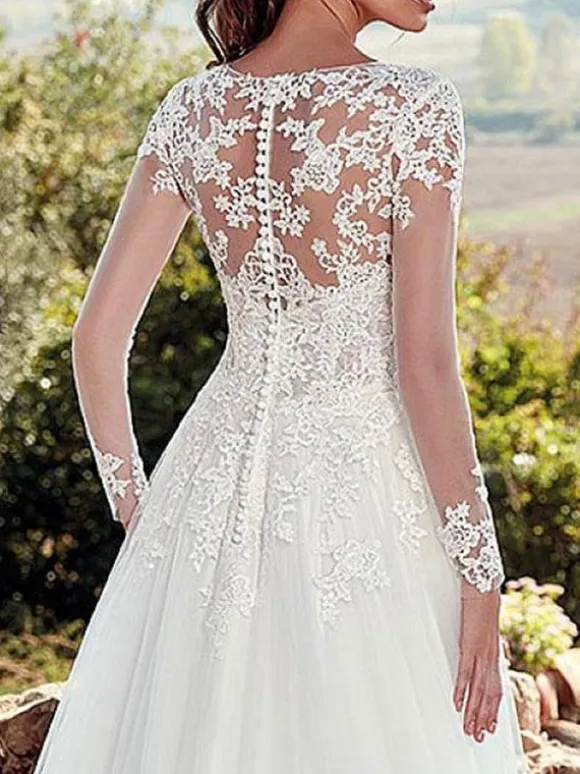 Wedding Dress 2026 V Neck A Line Long Sleeve Floor Length Lace Applique Tulle Bridal Dresses With Train
