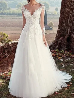 Wedding Dress 2026 V Neck A Line Long Sleeve Floor Length Lace Applique Tulle Bridal Dresses With Train
