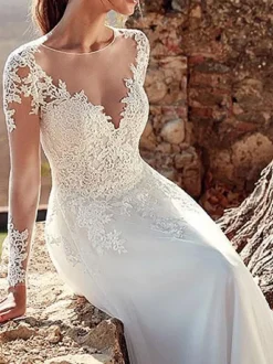 Wedding Dress 2026 V Neck A Line Long Sleeve Floor Length Lace Applique Tulle Bridal Dresses With Train