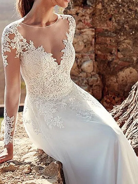 Wedding Dress 2026 V Neck A Line Long Sleeve Floor Length Lace Applique Tulle Bridal Dresses With Train
