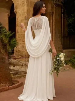 Wedding Dress With Shawl A-Line Half Sleeves Lace Jewel Neck Bridal Gowns