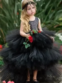 Wedding Flower Girl Dresses Special Occasion Dresses Black Sleeveless Tiered