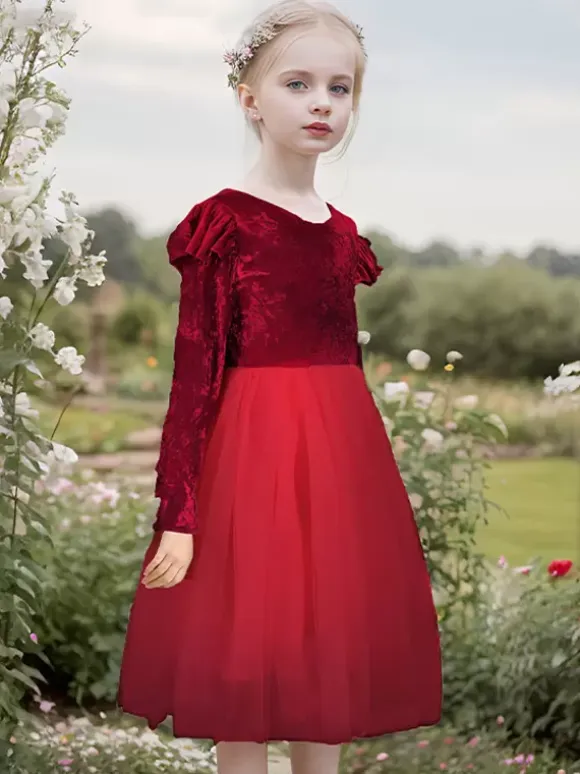 Wedding Flower Girl Dresses Special Occasion Dresses Pink Long Sleeves Ruffles