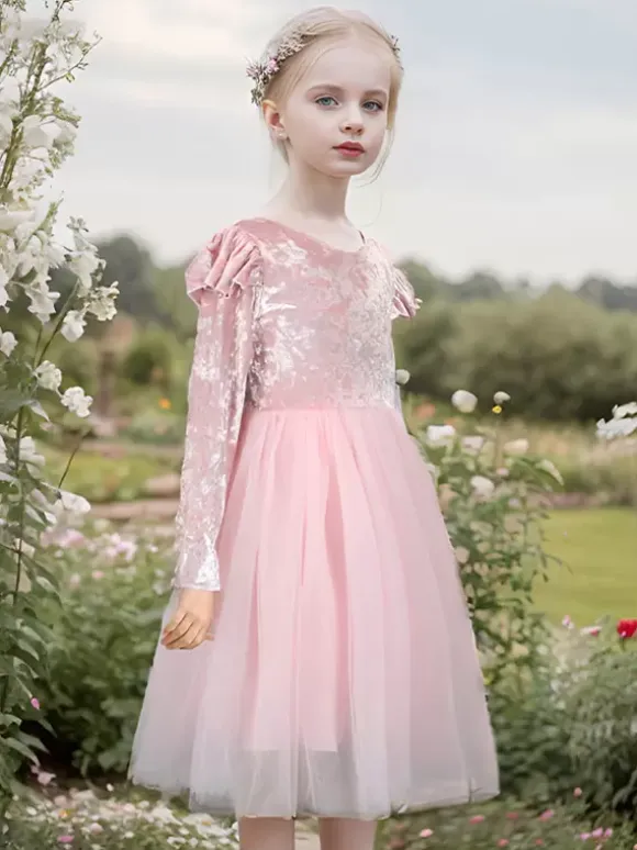 Wedding Flower Girl Dresses Special Occasion Dresses Pink Long Sleeves Ruffles