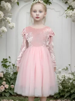 Wedding Flower Girl Dresses Special Occasion Dresses Pink Long Sleeves Ruffles
