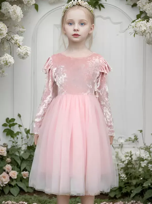 Wedding Flower Girl Dresses Special Occasion Dresses Pink Long Sleeves Ruffles