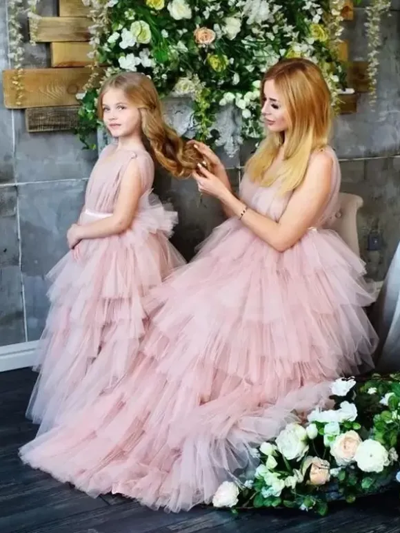 Wedding Flower Girl Dresses Special Occasion Dresses Pink Sleeveless Tiered