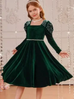Wedding Flower Girl Dresses Special Occasion Dresses Emeralds Long Sleeves Pearls