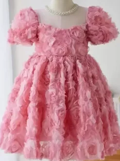 Wedding Flower Girl Dresses Special Occasion Dresses Pink Short Sleeves Ruffles