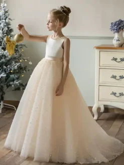 Wedding Flower Girl Dresses Special Occasion Dresses Champagne Sleeveless Pearls